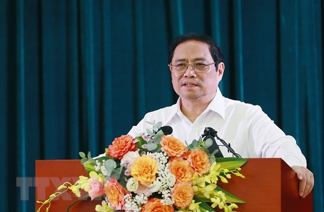 Thủ tướng Phạm Minh Chính phát biểu chỉ đạo tại buổi làm việc với Hội Nhà báo Việt Nam. (Ảnh: Dương Giang/TTXVN)