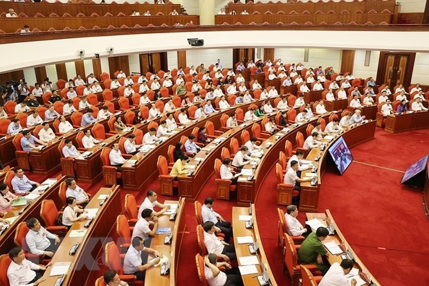 Các lãnh đạo Đảng, Nhà nước và đại biểu dự hội nghị. (Ảnh: Trí Dũng/TTXVN)