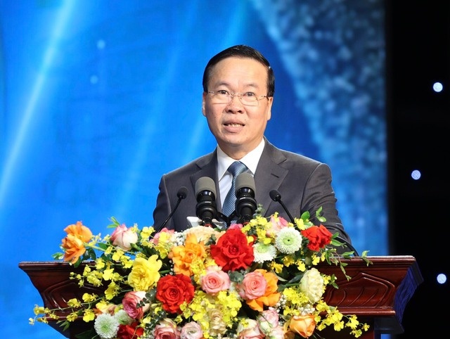 Đồng chí Võ Văn Thưởng, Ủy viên Bộ Chính trị, Chủ tịch nước Cộng hòa xã hội chủ nghĩa Việt Nam phát biểu tại lễ trao giải - Ảnh: VGP/Nhật Bắc