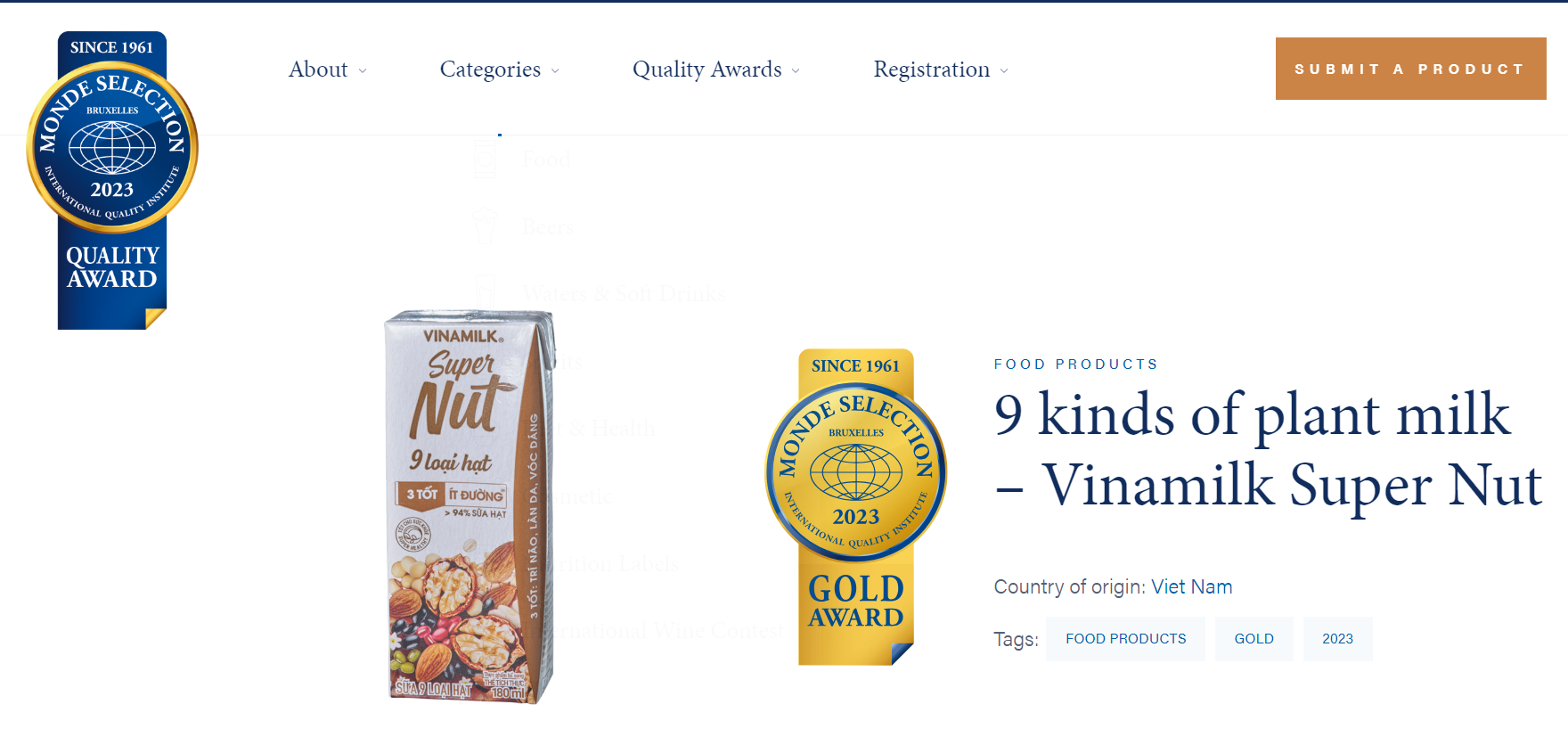Sữa 9 Loại hạt Vinamilk Super Nut được vinh danh Giải Vàng theo Monde Selection  9 kinds of plant milk – Vinamilk Super Nut - Gold Quality Award 2023 from Monde Selectio (monde-selection.com)