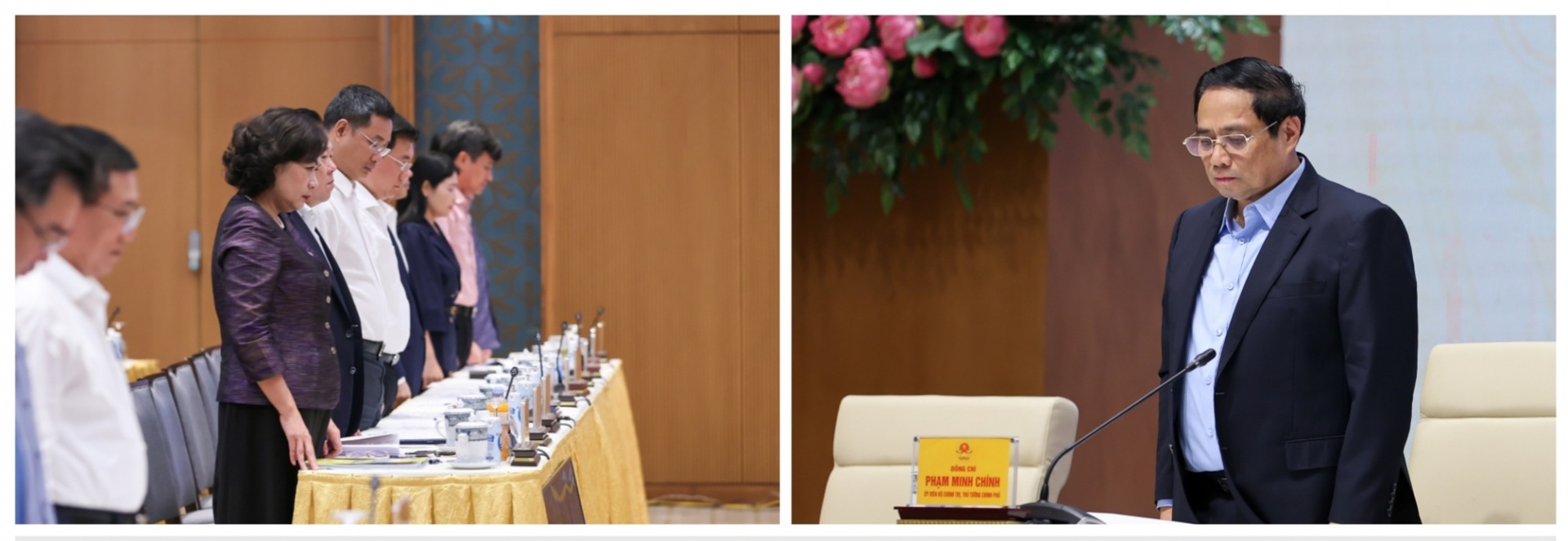 Thủ tướng Phạm Minh Chính và các đại biểu mặc niệm tưởng nhớ các nạn nhân tử vong trong vụ cháy tại Hà Nội và 7 nạn nhân tử vong do lũ quét tại Lào Cai đêm 12/9, rạng sáng 13/9 - Ảnh: VGP/Nhật Bắc