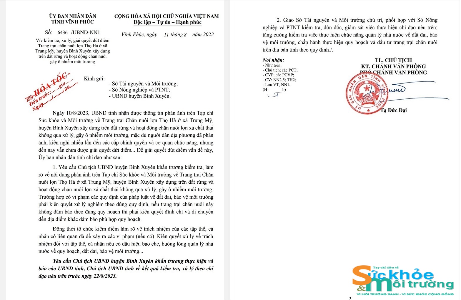 UBND huyện Bình Xuyên (Vĩnh Phúc) thông tin vụ việc gây ô nhiễm môi trường của trang trại lợn xây dựng trái phép trên đất rừng