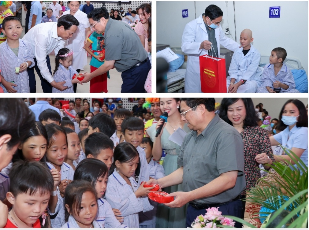 Thủ tướng chúc các cháu đón Tết Trung thu thật vui vẻ, luôn yêu đời, hướng tới tương lai, kiên trì điều trị để sớm khỏi bệnh và trở về với gia đình, lớp học của mình - Ảnh: VGP/Nhật Bắc