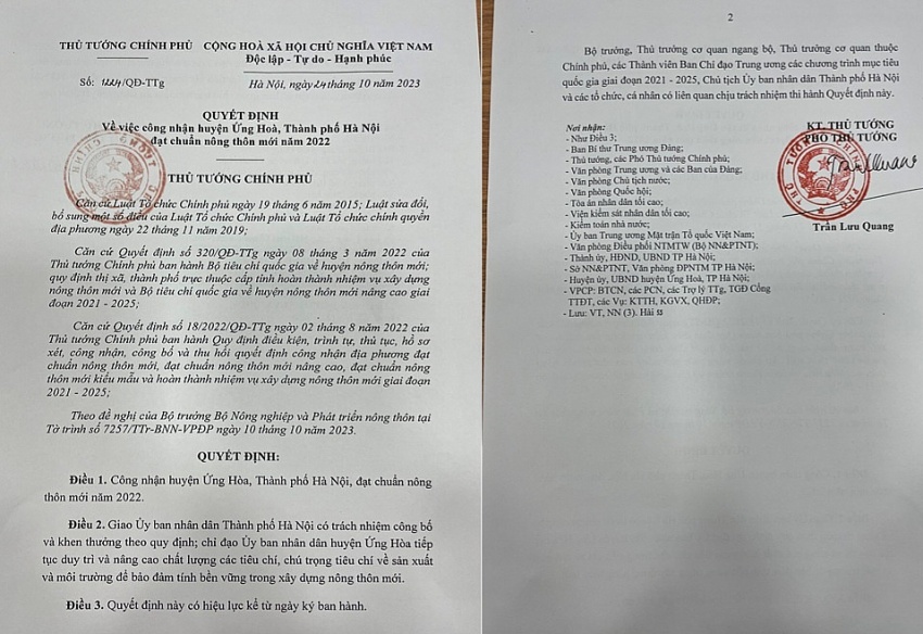 Quyết định 1224QĐ-TTg công nhận huyện Ứng Hòa, thành phố Hà Nội đạt chuẩn nông thôn mới năm 2022.