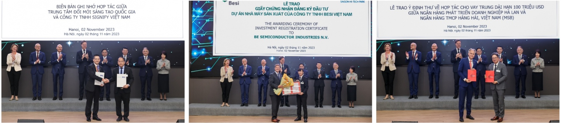 Tại diễn đàn, Thủ tướng Phạm Minh Chính và Thủ tướng Mark Rutte chứng kiến lễ trao các văn kiện thoả thuận hợp tác giữa các cơ quan, doanh nghiệp của hai nước - Ảnh: VGP/Nhật Bắc