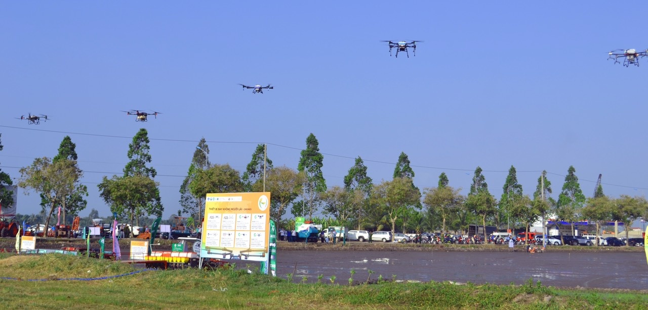 Các dron bay gieo sạ trong mô hình canh tác lúa thông minh tại Hậu Giang