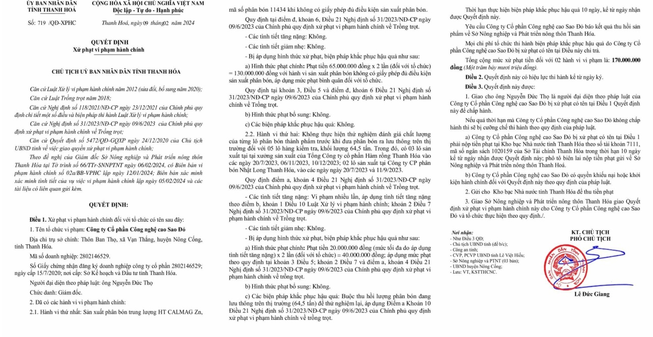 Công ty Cổ phần Công nghệ cao Sao Đỏ bị phạt 170.000.000 đồng trong kinh doanh, sản xuất phân bón