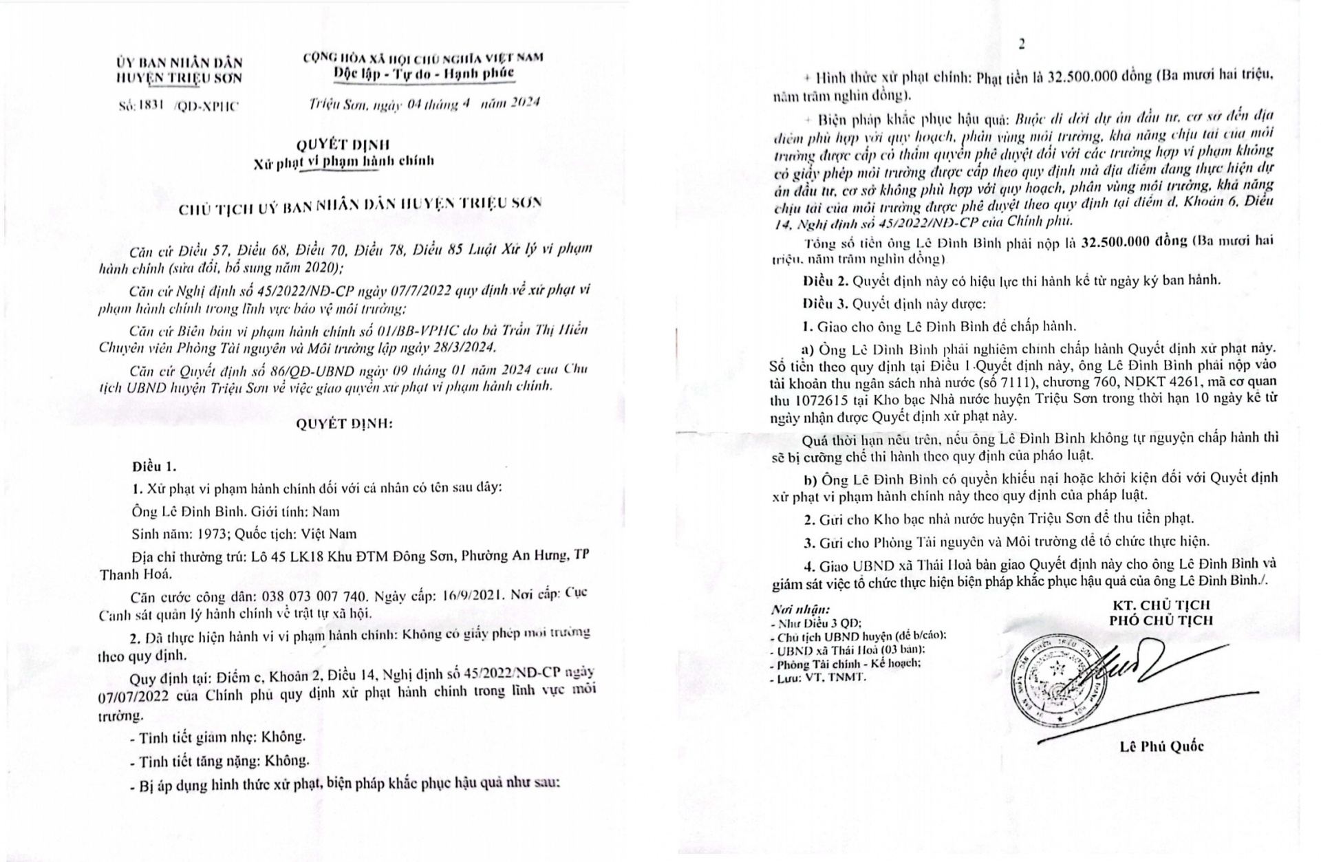 Quyết định xử phạt vi phạm hành chính 32.500.000 đồng đối với ông Lê Đình Bình