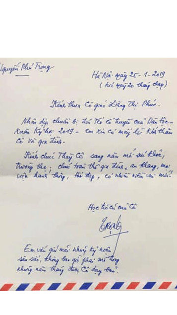 Bức thư tay của học trò Nguyễn Phú Trọng gửi cô giáo cũ trước thềm xuân Kỷ Hợi 2019 Bức thư tay của học trò Nguyễn Phú Trọng gửi cô giáo cũ trước thềm xuân Kỷ Hợi 2019