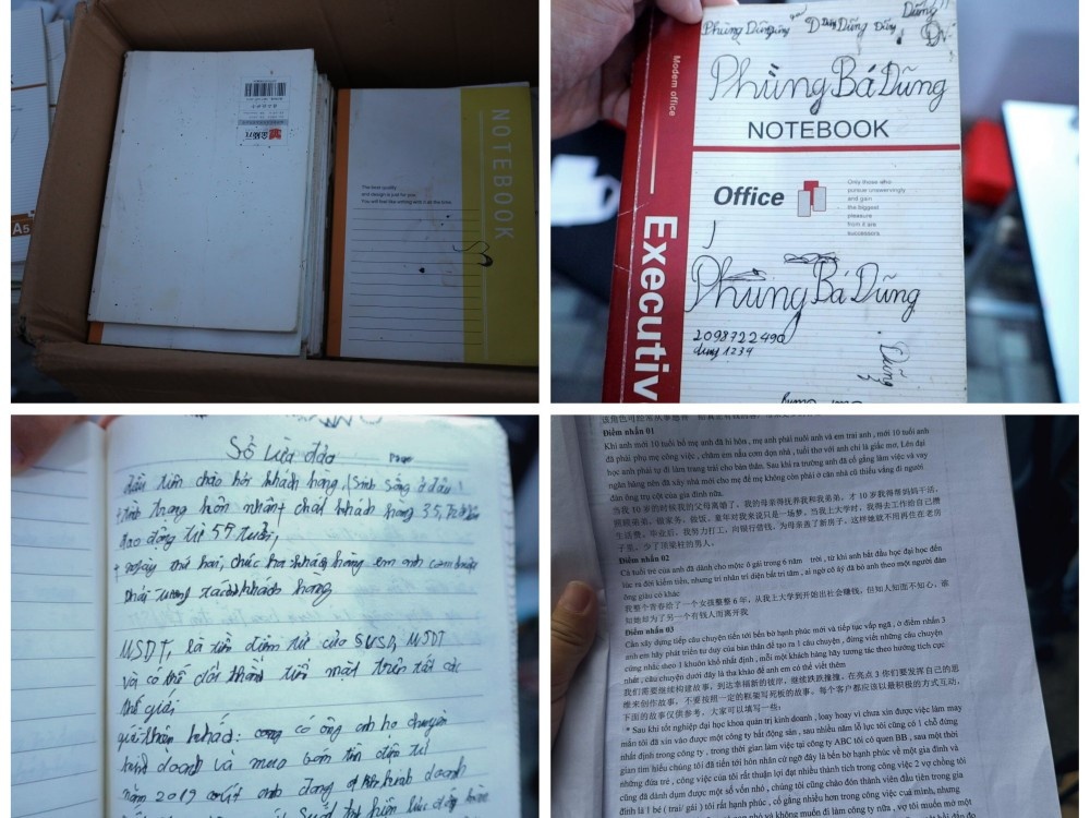 Lực lượng chức năng phát hiện, thu giữ hàng chục cuốn sổ ghi chép lại các kịch bản lừa đảo.