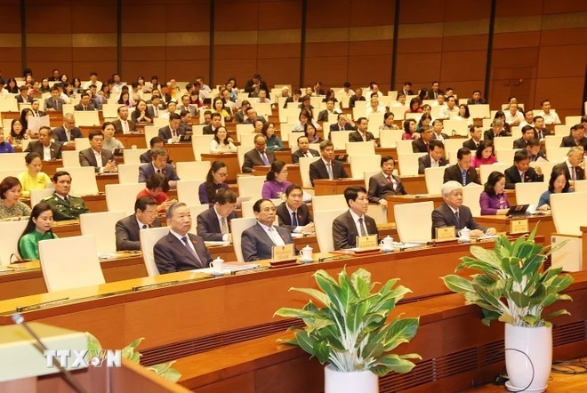 Lãnh đạo Đảng, Nhà nước và đại biểu Quốc hội dự Kỳ họp bất thường lần thứ 8. (Ảnh: Trí Dũng/TTXVN)