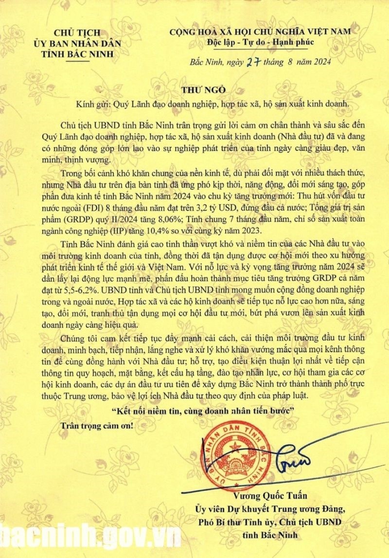 Chủ tịch UBND tỉnh Bắc Ninh gửi thư ngỏ tới doanh nghiệp, hợp tác xã, hộ sản xuất kinh doanh