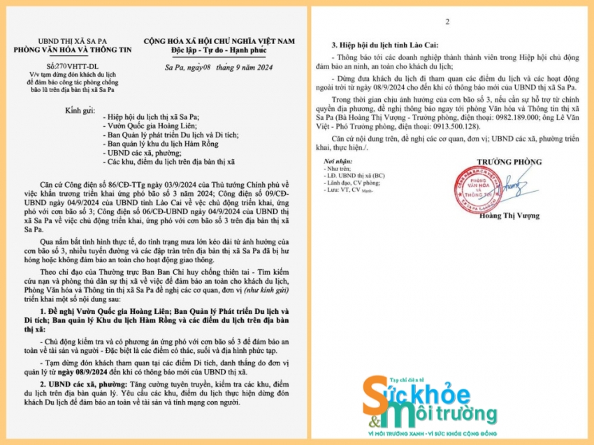 undefined Thị xã Sa Pa(Lào Cai): Tạm dừng hoạt động du lịch ngoài trời trước ảnh hưởng của cơn bão số 3