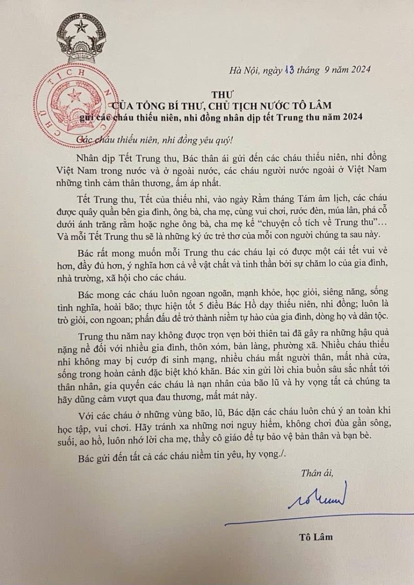 Tổng Bí thư, Chủ tịch nước Tô Lâm gửi thư chúc Tết Trung thu cho các cháu thiếu niên, nhi đồng. Tổng Bí thư, Chủ tịch nước Tô Lâm gửi thư chúc Tết Trung thu cho các cháu thiếu niên, nhi đồng.