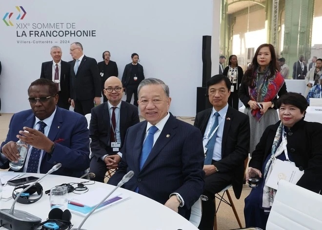 Tổng Bí thư, Chủ tịch nước Tô Lâm dự Phiên toàn thể về chủ đề “Sáng tạo, đổi mới và khởi nghiệp” trong khuôn khổ Hội nghị cấp cao Pháp ngữ lần thứ 19, sáng 5/10/2024 (giờ địa phương). (Ảnh: TTXVN)