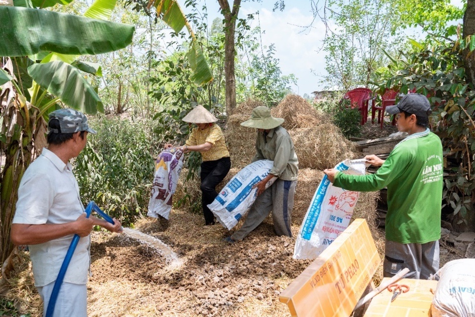 Một nông dân giới thiệu mô hình ủ rơm với urê để nuôi bò.