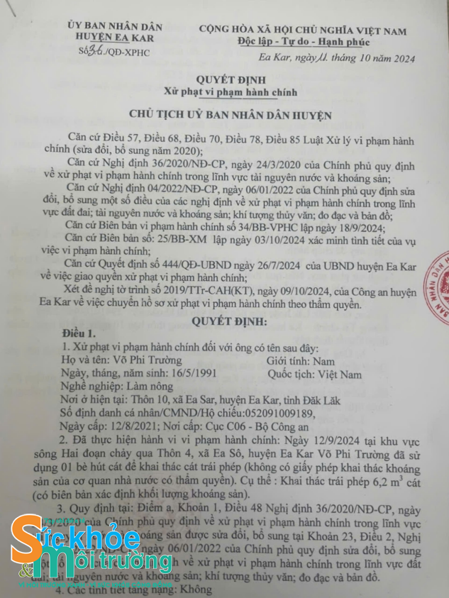 Đắk Lắk: Huyện Ea Kar xử phạt các cá nhân khai thác cát trái phép sau phản ánh của tạp chí Sức khỏe & Môi trường