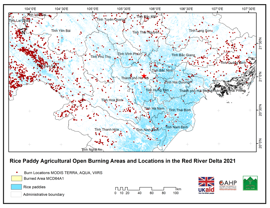 Sử dụng MODIS để lập bản đồ các điểm nóng đốt rơm rạ ngoài trời, đánh giá sơ bộ nồng độ bụi mịn PM 2.5 tại Việt Nam