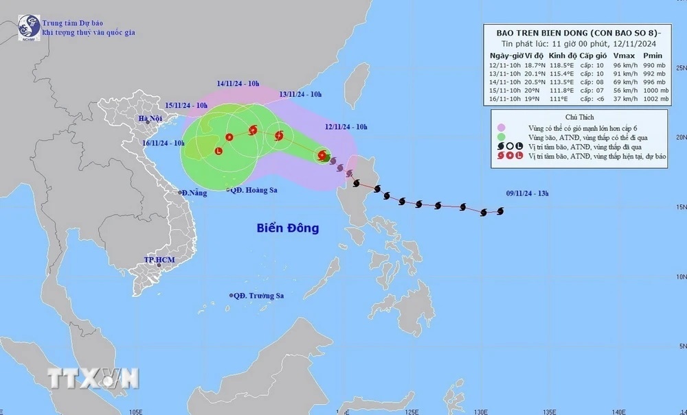 Bão số 8 di chuyển theo hướng Tây Tây Bắc. Sức gió mạnh nhất vùng gần tâm bão giật cấp 11.