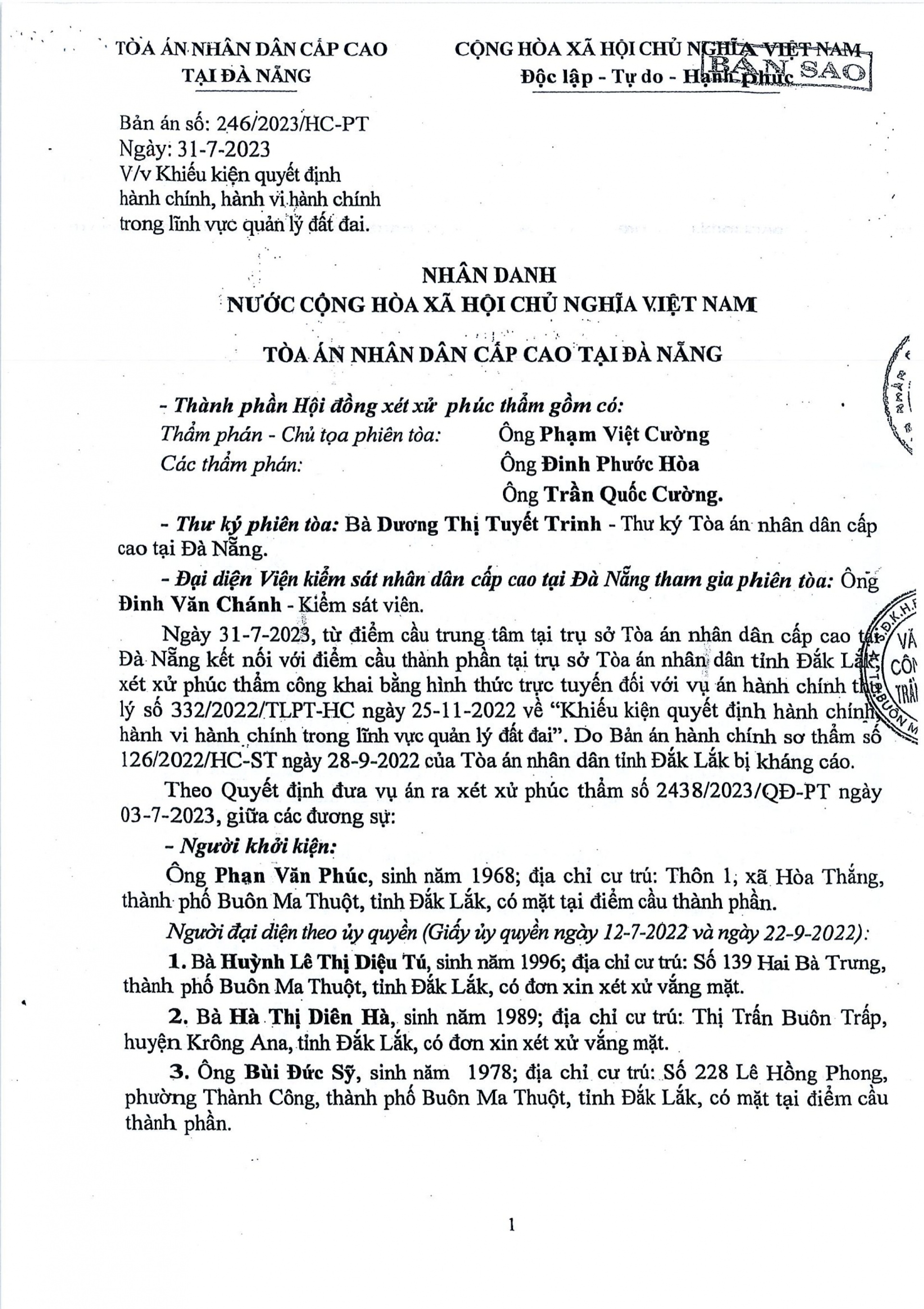 bản án phúc thẩm số 246/2023/HC-PT ngày 31/7/2023 của Tòa án nhân dân tối cao tại Đà Nẵng 