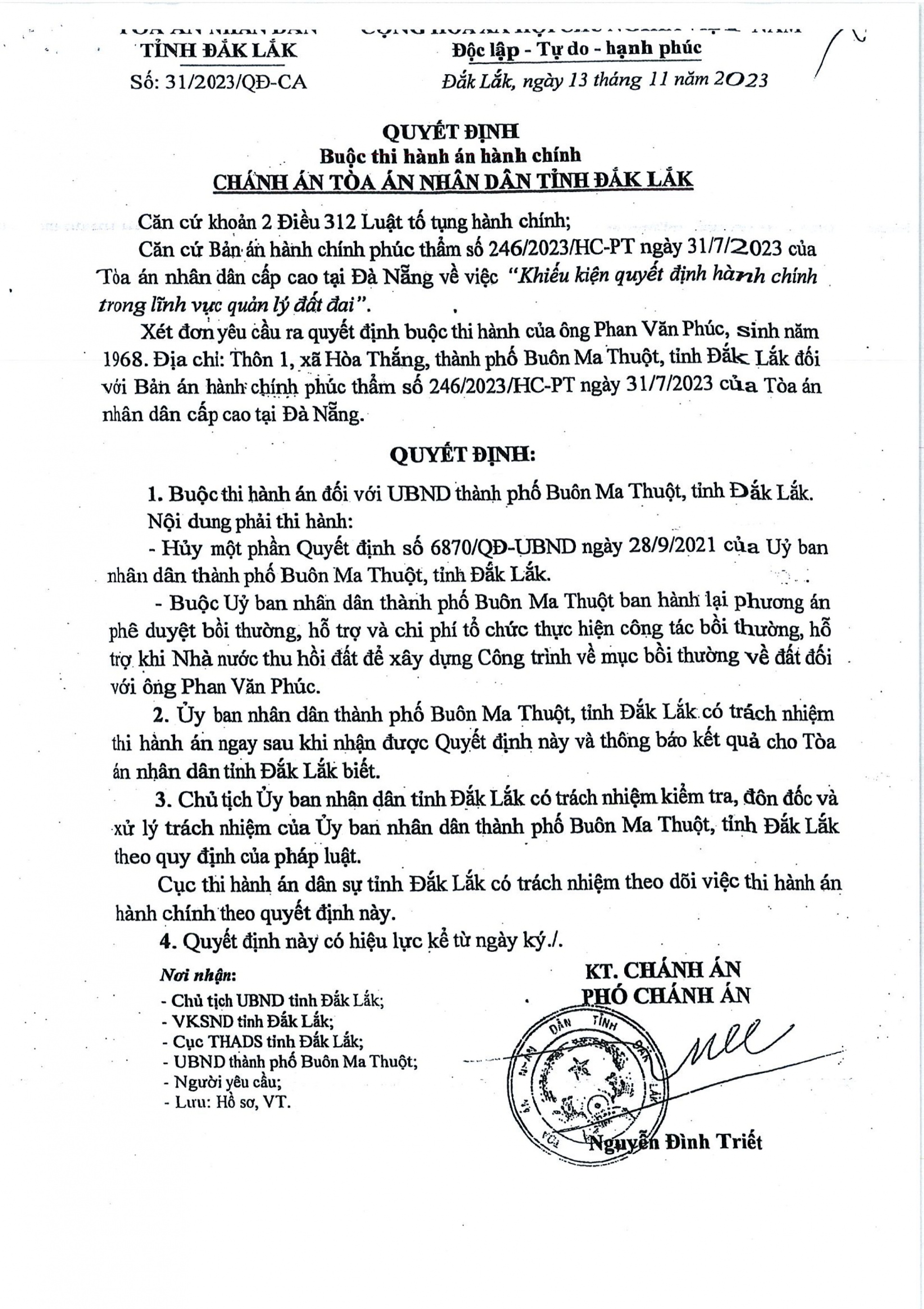 Quyết định số 31/2023/QĐ-CA ngày 13/11/2023 buộc UBND TP. Buôn Ma Thuột thi hành bản án