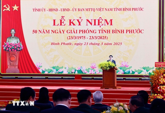 Chủ tịch nước Lương Cường phát biểu kỷ niệm 50 năm Giải phóng tỉnh Bình Phước (23/3/1975-23/3/2025). (Ảnh: TTXVN) Chủ tịch nước Lương Cường phát biểu kỷ niệm 50 năm Giải phóng tỉnh Bình Phước (23/3/1975-23/3/2025). (Ảnh: TTXVN)