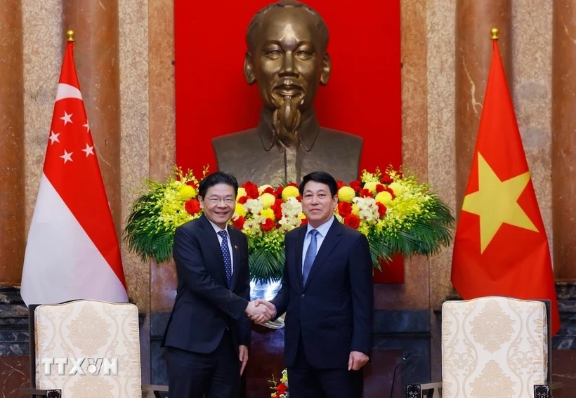 Chủ tịch nước Lương Cường tiếp Thủ tướng Cộng hòa Singapore Lawrence Wong thăm chính thức Việt Nam. (Ảnh: TTXVN)