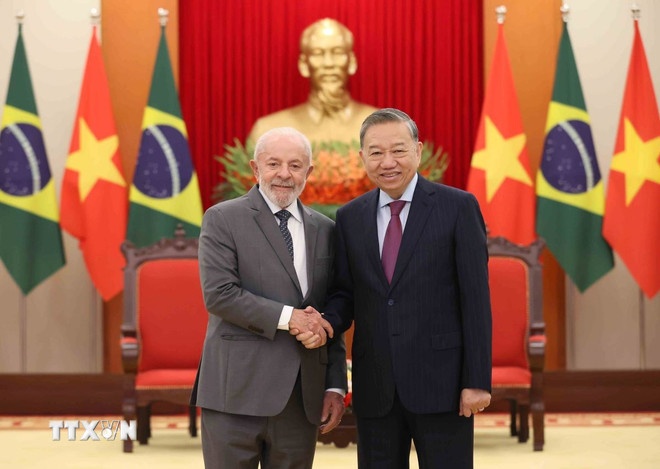 Tổng Bí thư Tô Lâm tiếp Tổng thống Brazil Luiz Inácio Lula da Silva. (Ảnh: TTXVN)