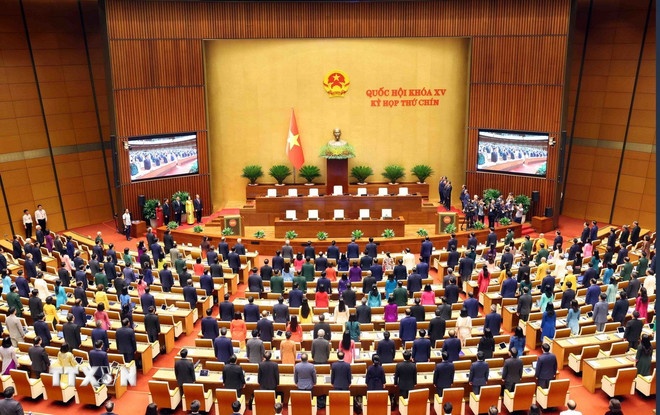   Các đại biểu Quốc hội thực hiện nghi lễ chào cờ. (Ảnh: TTXVN)