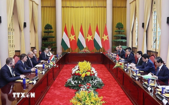 Chủ tịch nước Lương Cường và Tổng thống Hungary Sulyok Tamas hội đàm. (Ảnh: TTXVN) Chủ tịch nước Lương Cường và Tổng thống Hungary Sulyok Tamas hội đàm. (Ảnh: TTXVN)