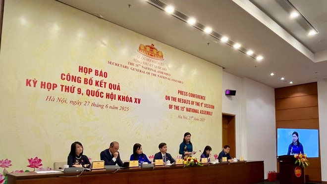 Họp báo Công bố kết quả Kỳ họp thứ 9. (Ảnh: Vietnam+) Họp báo Công bố kết quả Kỳ họp thứ 9. (Ảnh: Vietnam+)