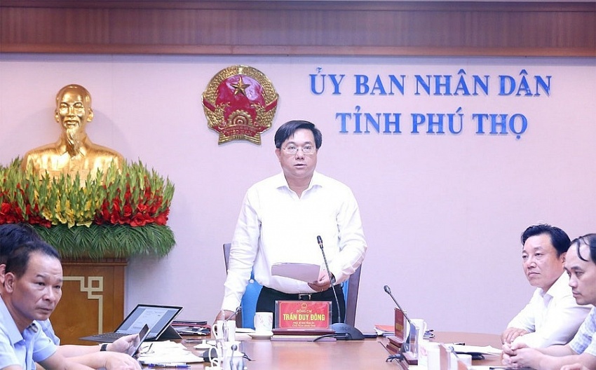 Chủ tịch UBND tỉnh Phú Thọ Trần Duy Đông phát biểu tại điểm cầu tỉnh. Ảnh: Cổng TTĐT Phú Thọ