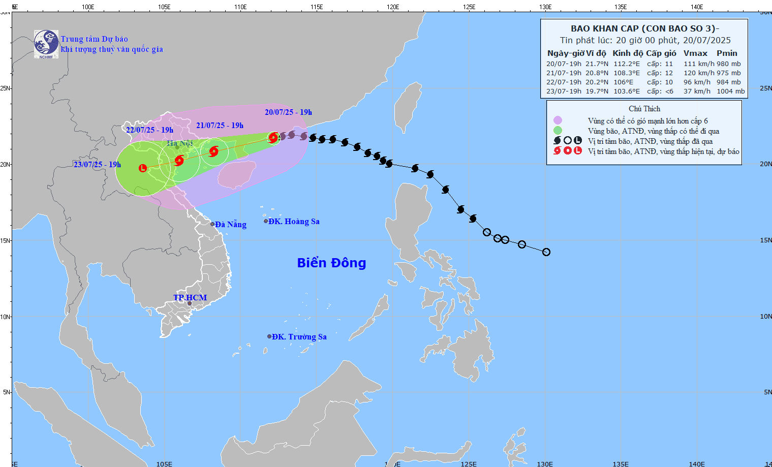 Dự báo bão số 3 sẽ ảnh hưởng đến Bắc Bộ và Bắc Trung Bộ từ chiều tối ngày 21/7, gây gió mạnh, mưa lớn - Ảnh: Trung tâm Dự báo Khí tượng thủy văn quốc gia. Dự báo bão số 3 sẽ ảnh hưởng đến Bắc Bộ và Bắc Trung Bộ từ chiều tối ngày 21/7, gây gió mạnh, mưa lớn - Ảnh: Trung tâm Dự báo Khí tượng thủy văn quốc gia.