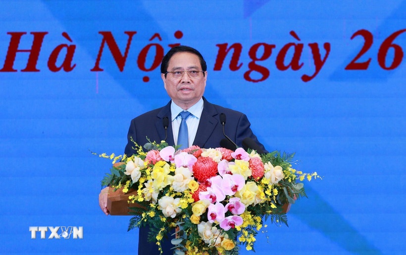 Thủ tướng Phạm Minh Chính phát biểu tại Hội nghị tổng kết Chương trình và Phong trào thi đua “Cả nước chung tay xóa nhà tạm, nhà dột nát”. (Ảnh: TTXVN)