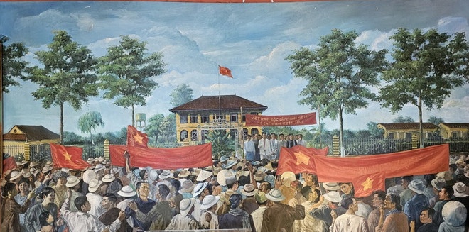 Tranh vẽ cuộc míttinh giành chính quyền thắng lợi tại Tân An ngày 20/8/1945. (Ảnh chụp lại tranh vẽ tại Di tích lịch sử Nhà Tổng Thận)