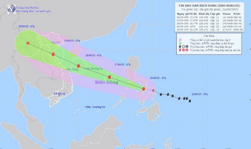 Hình ảnh đường đi và vị trí của bão Bualoi lúc 7h sáng 26/9. (Nguồn: Trung tâm Dự báo Khí tượng Thủy văn Trung ương) Hình ảnh đường đi và vị trí của bão Bualoi lúc 7h sáng 26/9. (Nguồn: Trung tâm Dự báo Khí tượng Thủy văn Trung ương)