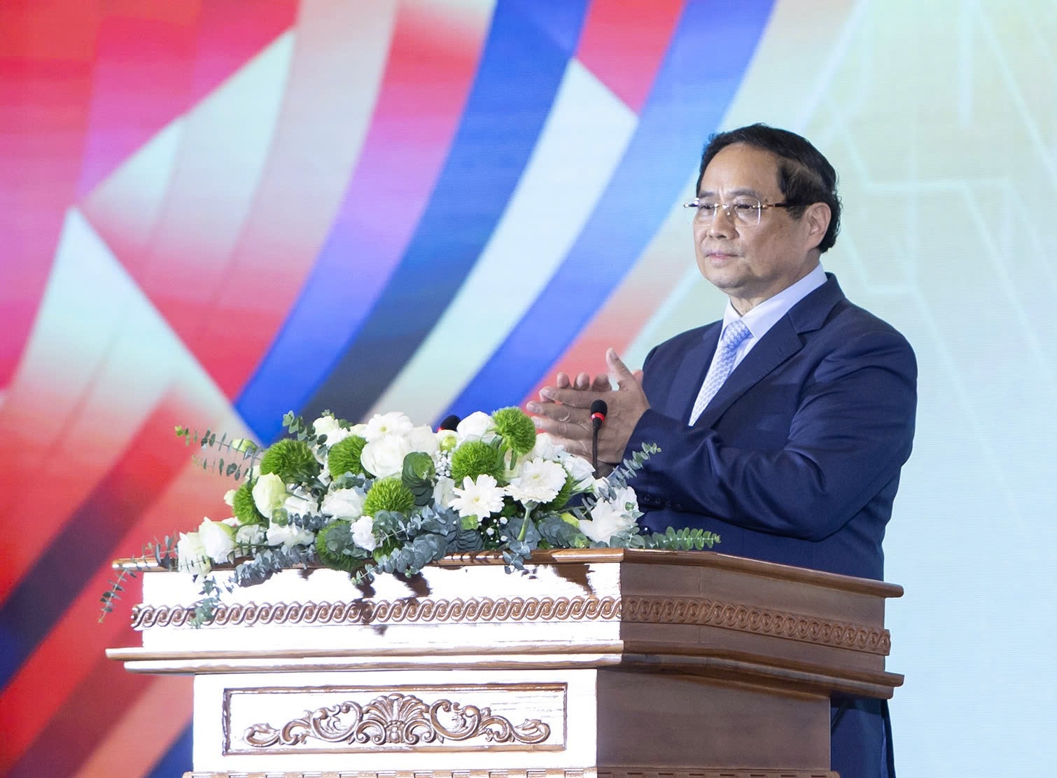   Thủ tướng Phạm Minh Chính Phát biểu đáp từ sau phát biểu chỉ đạo của Tổng Bí thư Tô Lâm - Ảnh: VGP