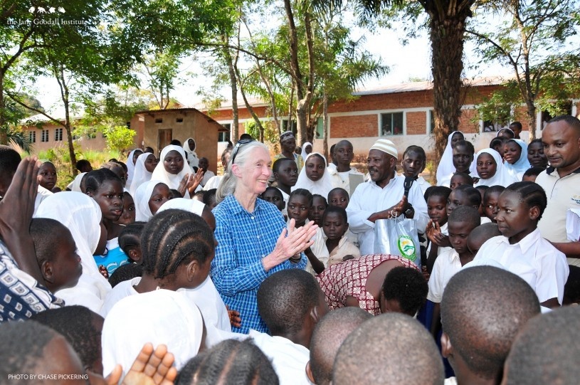 Jane Goodall cùng các thành viên Roots & Shoots và học sinh địa phương tại một ngôi làng gần Kigoma, Tanzania, năm 2010. Jane Goodall cùng các thành viên Roots & Shoots và học sinh địa phương tại một ngôi làng gần Kigoma, Tanzania, năm 2010.