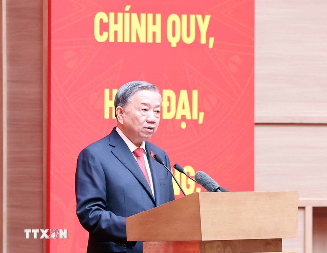 Tổng Bí thư Tô Lâm phát biểu tại Đại hội đại biểu Đảng bộ Công an Trung ương lần thứ VIII, nhiệm kỳ 2025 - 2030. (Ảnh: TTXVN) Tổng Bí thư Tô Lâm phát biểu tại Đại hội đại biểu Đảng bộ Công an Trung ương lần thứ VIII, nhiệm kỳ 2025 - 2030. (Ảnh: TTXVN)