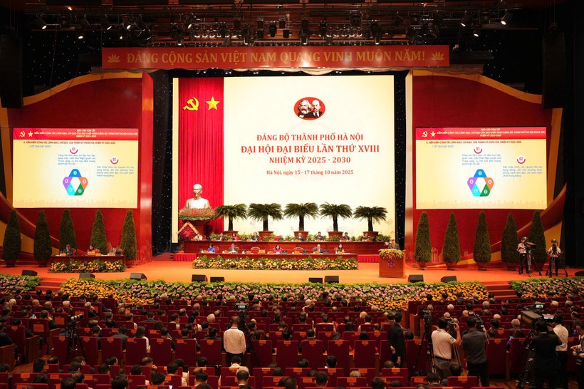 Đại hội đại biểu Đảng bộ thành phố Hà Nội lần thứ XVIII, nhiệm kỳ 2025-2030. (Ảnh: Vietnam+)