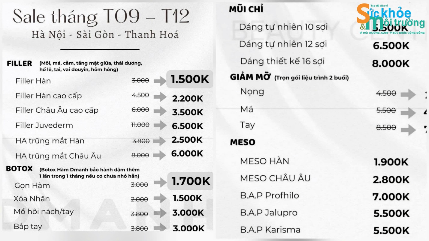 Bảng báo giá các dịch vụ tại DMANH Beauty với hàng loạt các dịch vụ xâm lấn mà cơ sở này không hề được Sở Y tế Hà Nội hay cơ quan chức năng nào khác cấp phép.