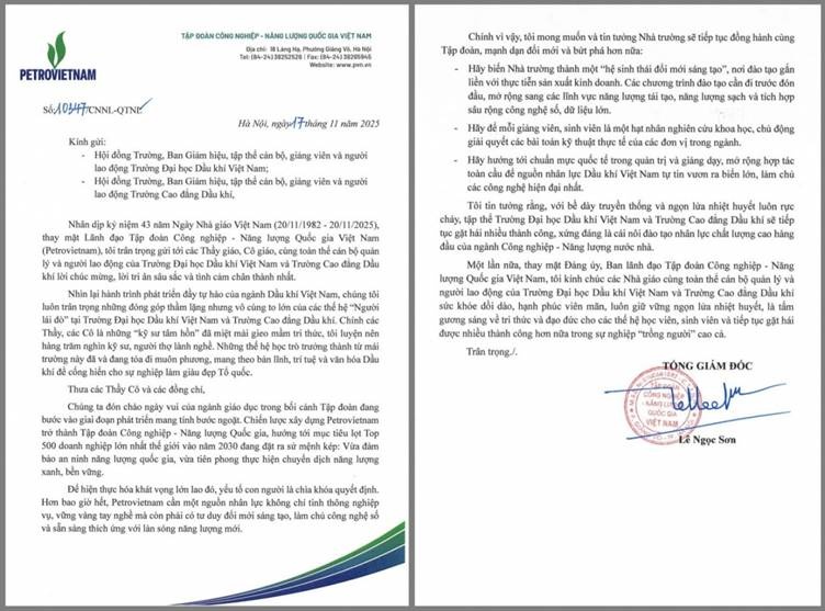 Tổng Giám đốc Petrovietnam Lê Ngọc Sơn gửi thư chúc mừng PVU và PV College nhân Ngày Nhà giáo Việt Nam Tổng Giám đốc Petrovietnam Lê Ngọc Sơn gửi thư chúc mừng PVU và PV College nhân Ngày Nhà giáo Việt Nam