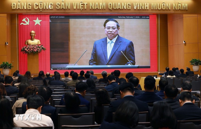   Các đại biểu dự Hội nghị toàn quốc nghiên cứu, học tập, quán triệt và triển khai thực hiện Nghị quyết Đại hội XIV của Đảng tại điểm cầu Chính phủ. (Ảnh: TTXVN)