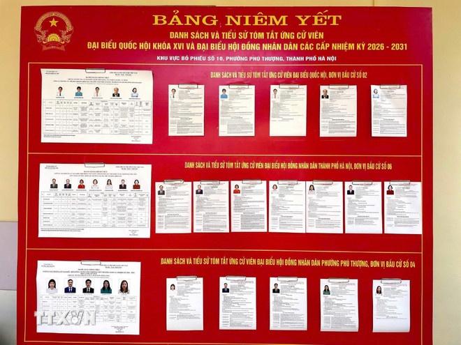 Bảng niêm yết danh sách ứng cử viên tại khu vực bỏ phiếu số 10 phường Phú Thượng (Hà Nội). (Ảnh: TTXVN)