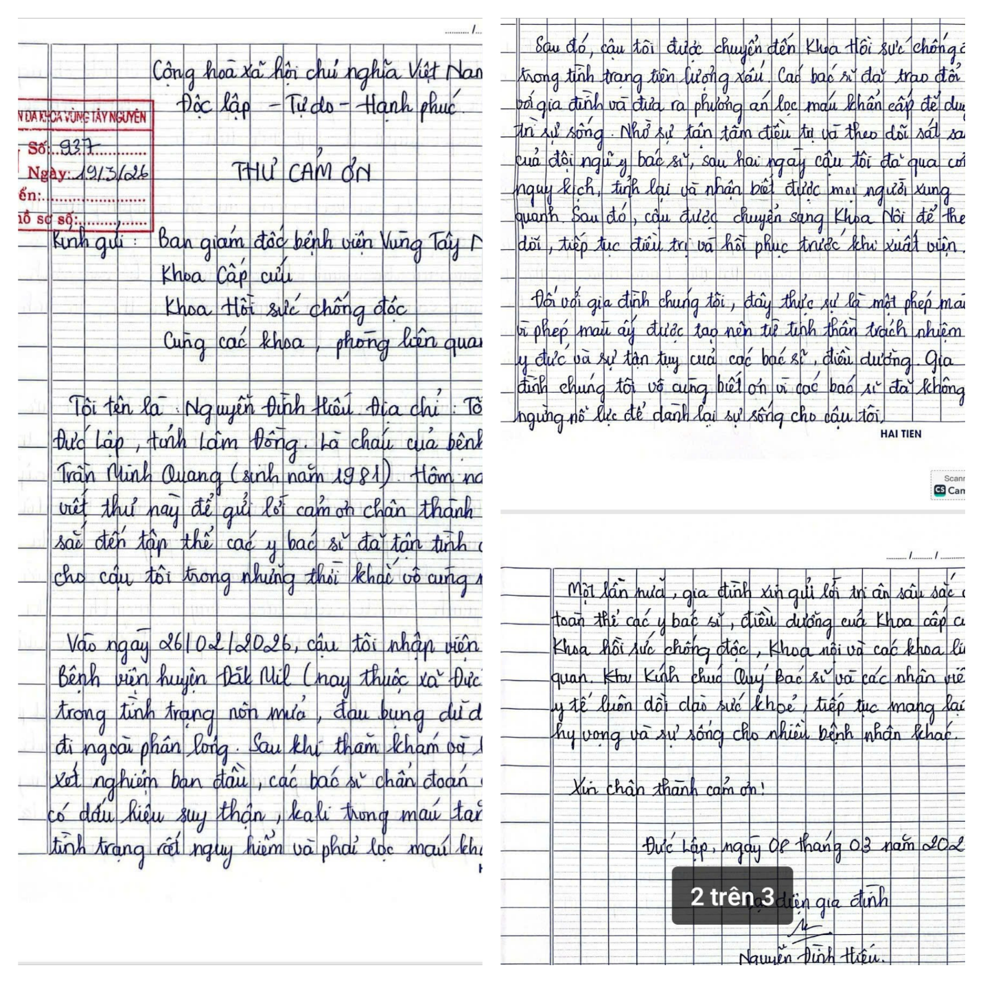  Thư cảm ơn của gia đình bệnh nhân gửi đến Ban Giám đốc cùng tập thể y, bác sĩ Bệnh viện Đa khoa Vùng Tây Nguyên sau quá trình điều trị. Ảnh: Đức Sỹ