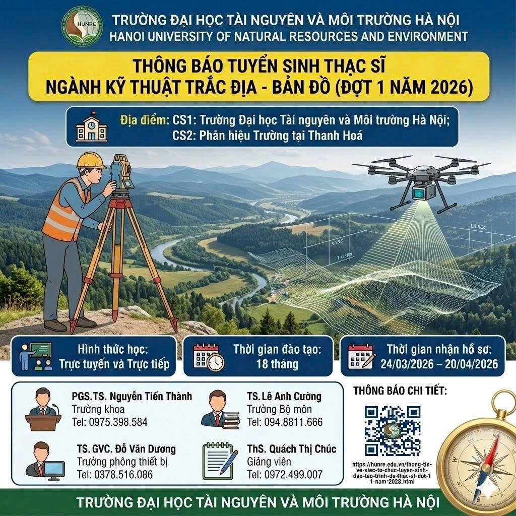Tuyển sinh Thạc sĩ Kỹ thuật Trắc địa - Bản đồ năm 2026 tại Trường Đại học Tài nguyên và Môi trường Hà Nội
