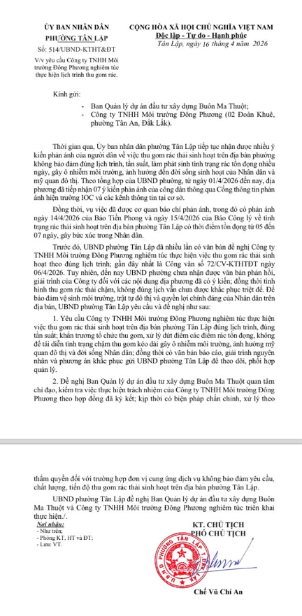  Văn bản của UBND phường Tân Lập yêu cầu khẩn trương xử lý rác thải, đảm bảo vệ sinh môi trường.