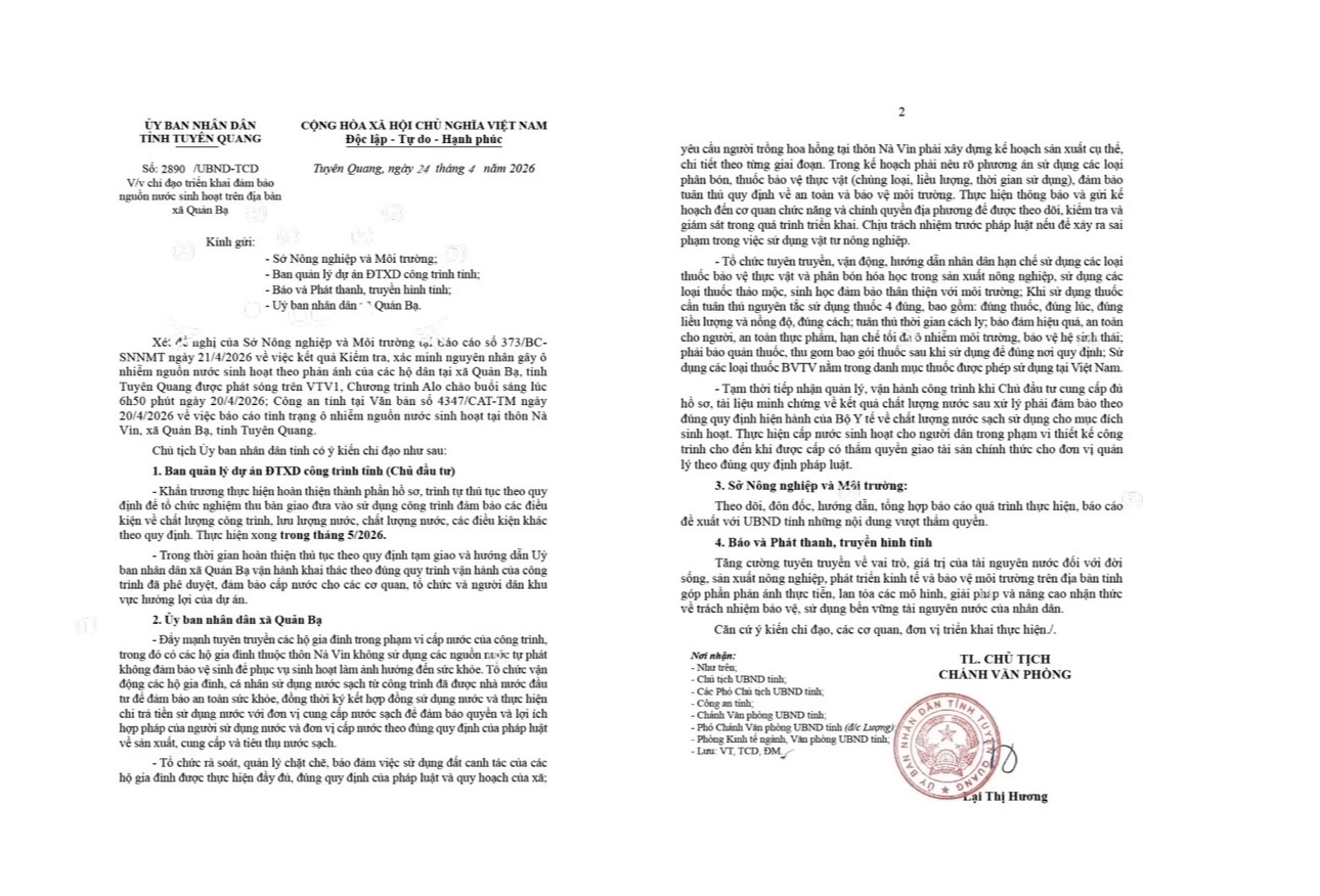 Tuyên Quang chỉ đạo xử lý ô nhiễm nước sinh hoạt ở Quản Bạ, đảm bảo sức khỏe người dân