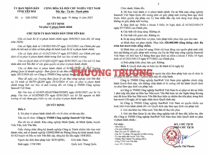 Chưa có giấy phép môi trường vẫn hoạt động: Nhiều dấu hỏi tại Công ty Sunwell ở KCN Minh Quân (Lào Cai) Chưa có giấy phép môi trường vẫn hoạt động: Nhiều dấu hỏi tại Công ty Sunwell ở KCN Minh Quân (Lào Cai)
