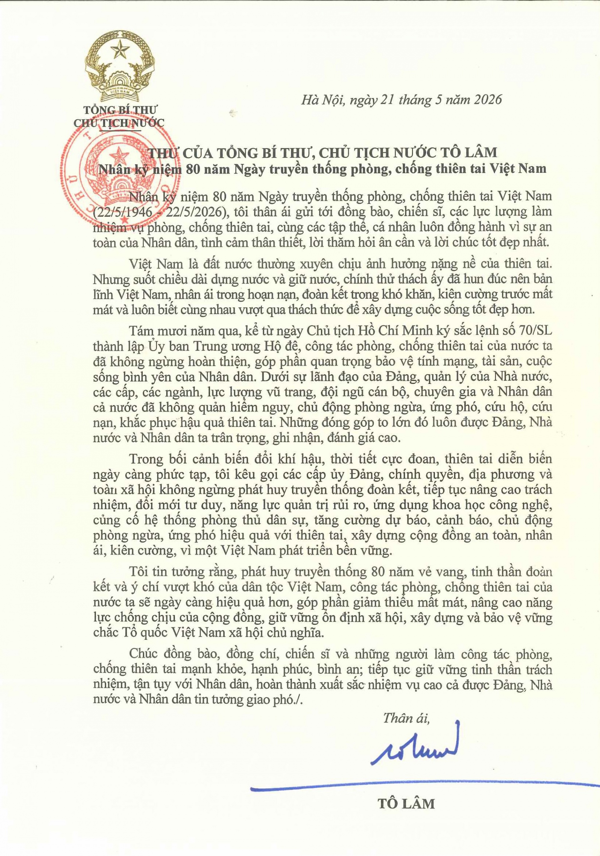 Tổng Bí thư, Chủ tịch nước Tô Lâm gửi thư nhân kỷ niệm Ngày truyền thống phòng, chống thiên tai